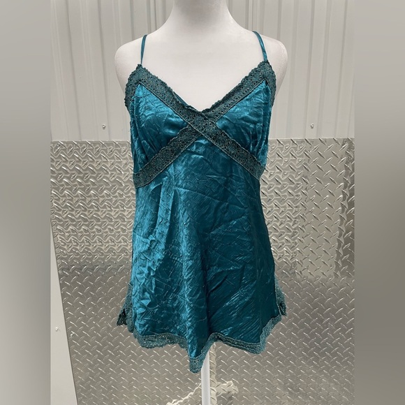 Y2K Blue Satin Crinkle Lace Trim Babydoll Cami Top Large Fairycore Mermaidcore - Picture 1 of 10